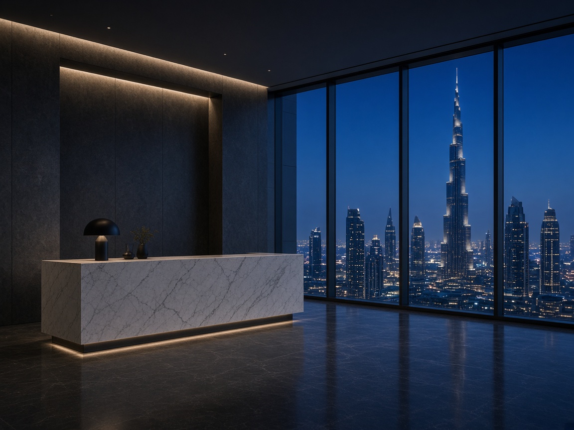 Quiet Dubai advisory lobby overlooking the city at blue hour