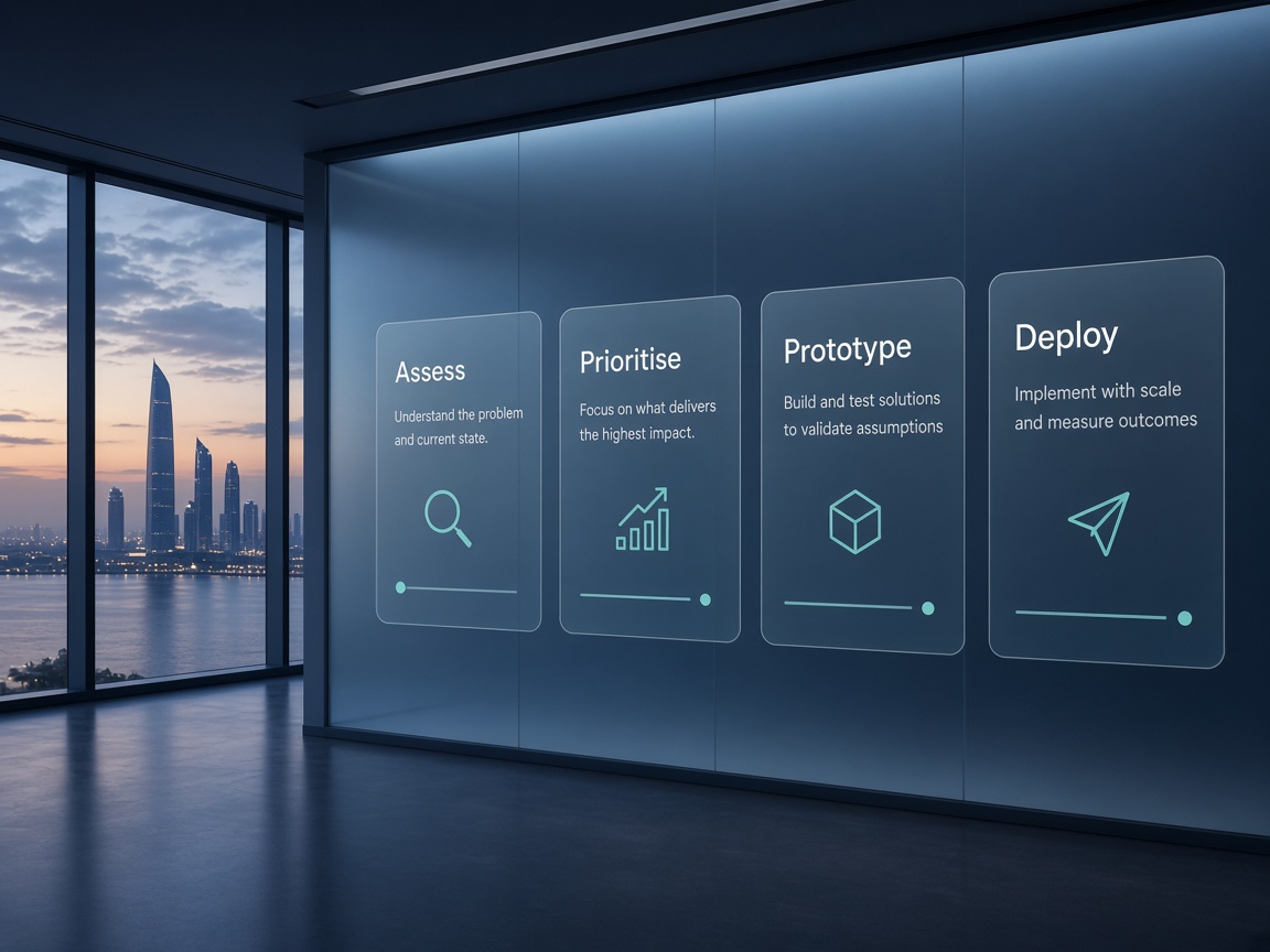 Assess, Prioritise, Prototype and Deploy stages on a method wall