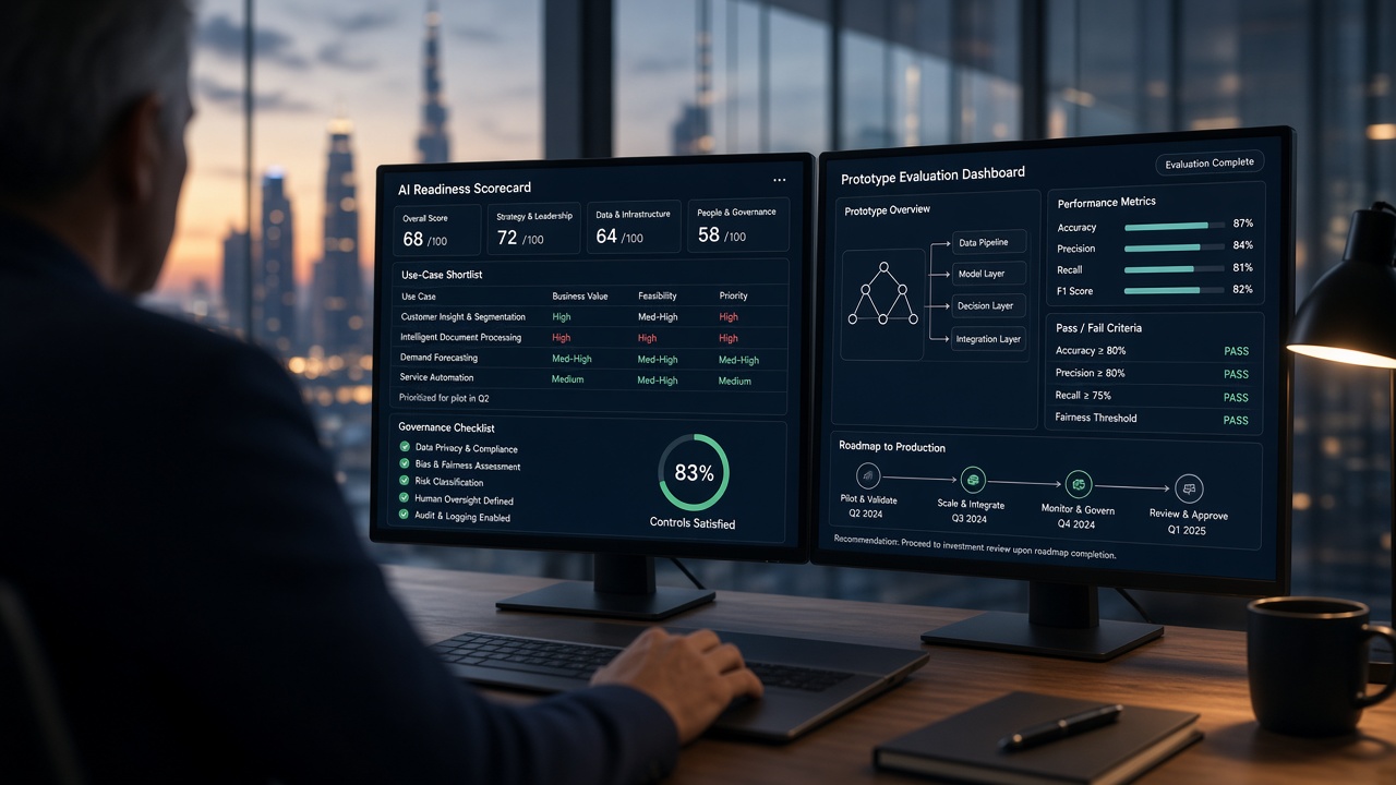 AI readiness scorecard and prototype evaluation dashboard before spend approval