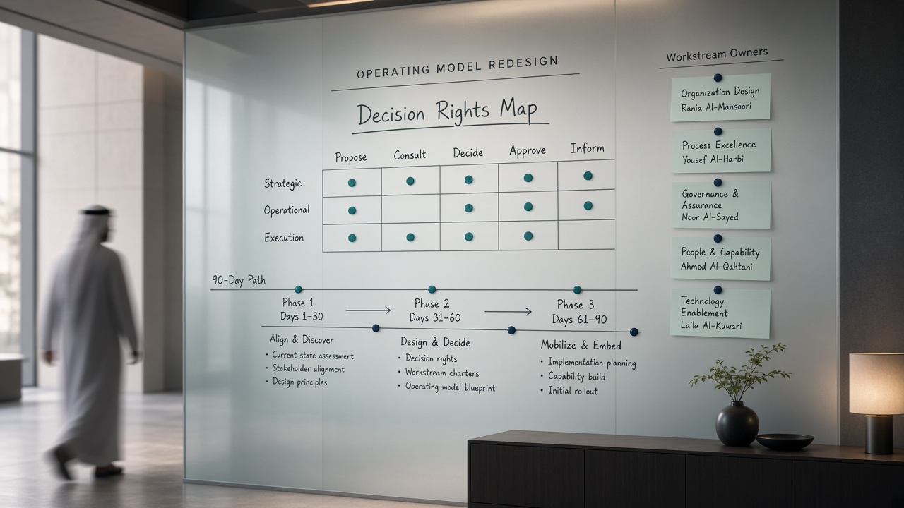 Glass war-room board mapping decision rights, owners and a 90-day operating path